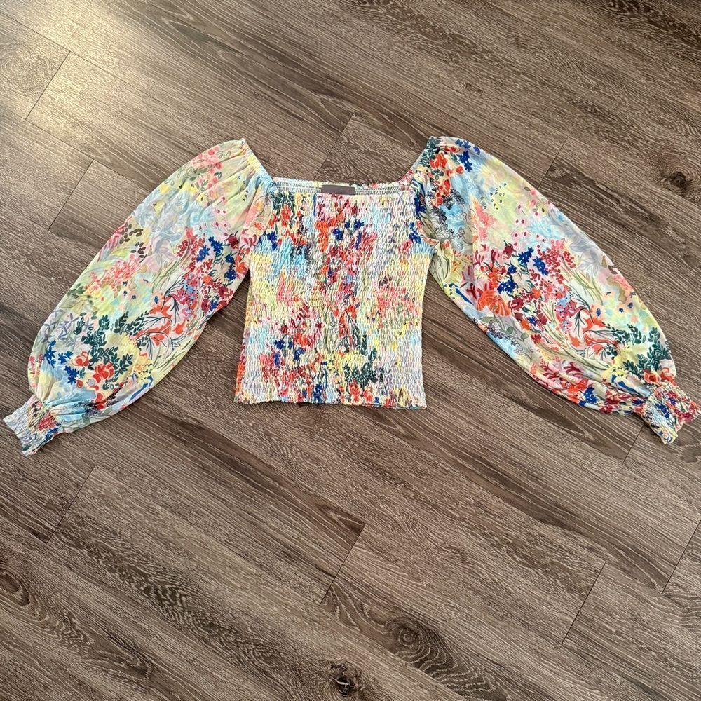 Anthropologie Rouen Smocked Floral Long Sleeve Top